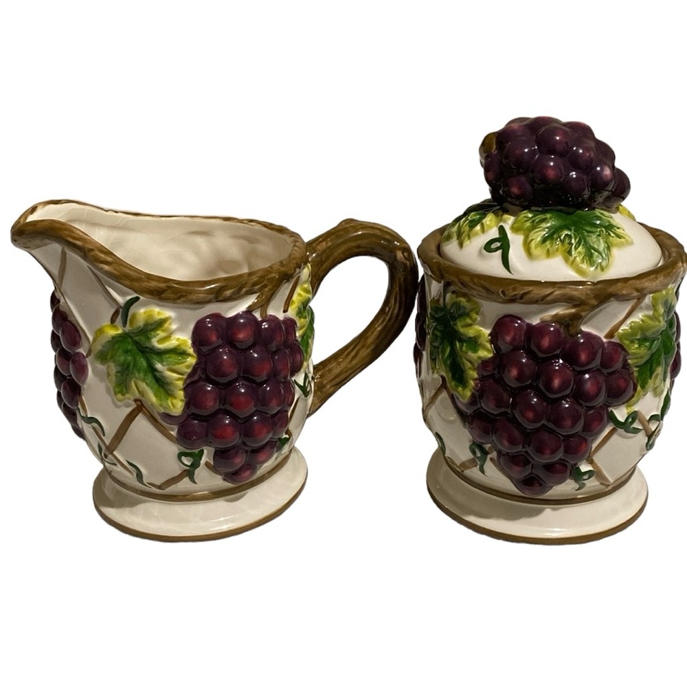 Grape/Grapevine Embossed Sugar and Creamer Dishes Bowl Set